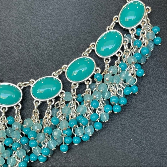 Turquoise color ocean blue dangle beaded statement necklace silver tone 18”-21” - Picture 3 of 6